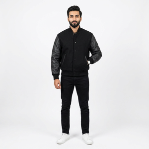 Chaqueta Varsity de Cuero Negro de Lujo Personalizada para Hombre con Cuello Alto, Impermeable y Transpirable, con Logotipo Frontal - Product Image 1