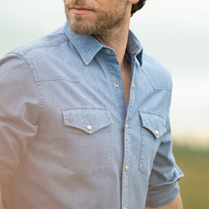 Hellblaue Ranch-Wear Cowboy-Hemden Kurzarm mit Perlmuttknöpfen Western-Denim-Hemden - Product Image 5