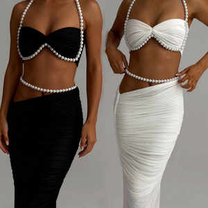 Viviblook Z0127ST15 Nouvel ensemble jupe femme avec décoration perles, crop top sexy enveloppant la poitrine et jupe taille basse, ensemble deux pièces pour femme - Product Image 1