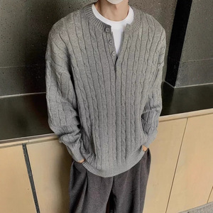 Cleanfit Gray Thin Line Henley Neck Poncho Autumn Winter Double Breasted Lazy <b>Cable</b> <b>Knit</b> American Style Men's Top - Product Image 1