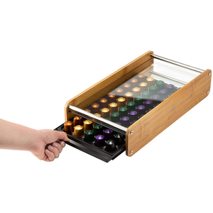 Bamboo 50 Coffee Pods Nespresso capsule Bean Holder Organizer Storage Box Stand Drawer with Tempered Glass Shelf