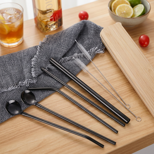 Minimalist Metal <b>Drinking</b> <b>Straws</b> 4-Pack Reusable Bar Accessories Black - Product Image 3
