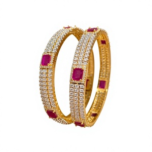 Luxury Indian Brass Imitation Rhodium Plated CZ Cubic Zirconia Marquise Cut <b>Ruby</b> Stone Classic Bangle Set Bangles Pair Fashion - Product Image 4