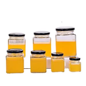 380ml manufacturer supply square clear glass honey jar, manufacturer supply 380ml square glass food storage jar with mental lid