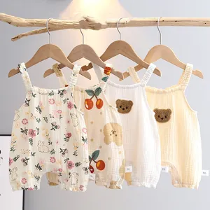 2Pcs Romper + Hat Summer Breathable Baby Onesie Sleeveless Cotton Gauze Boneless Jumpsuit Air-Conditioned Clothing For Newborn