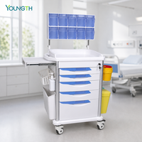 Chariot médical d'urgence YOUNGTH, chariot d'hôpital à 5 tiroirs en ABS avec tiroir verrouillable et 10 bacs inclinables