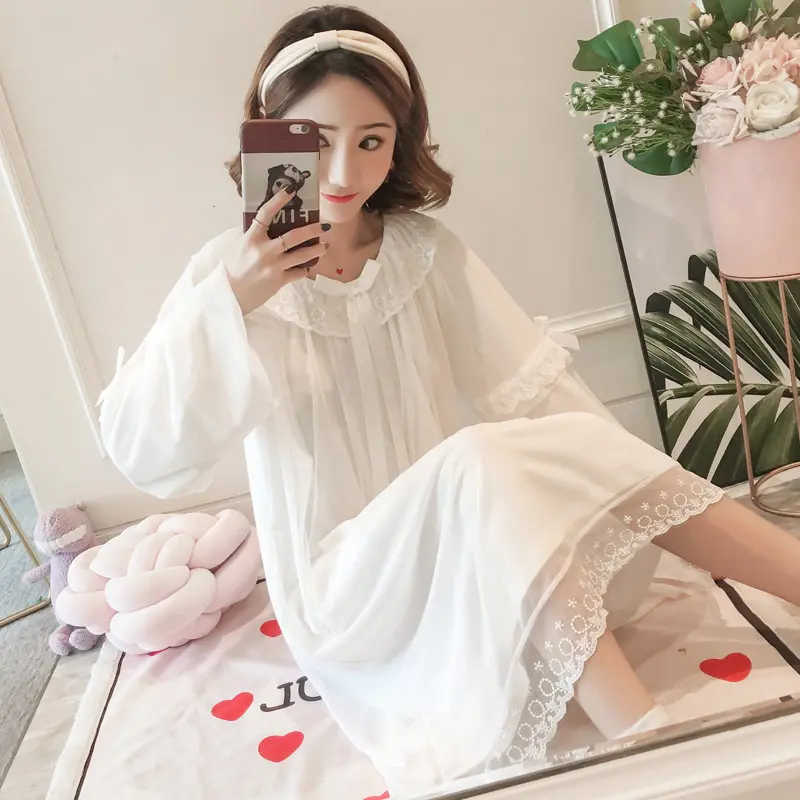 Sleeping dress women long-sleeved lace sleepwear models white cotton pajamas women spring and fall gril home wear