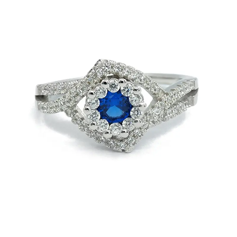 Cincin safir untuk wanita, perhiasan berlapis rhodium kubik cz biru 925 perak murni