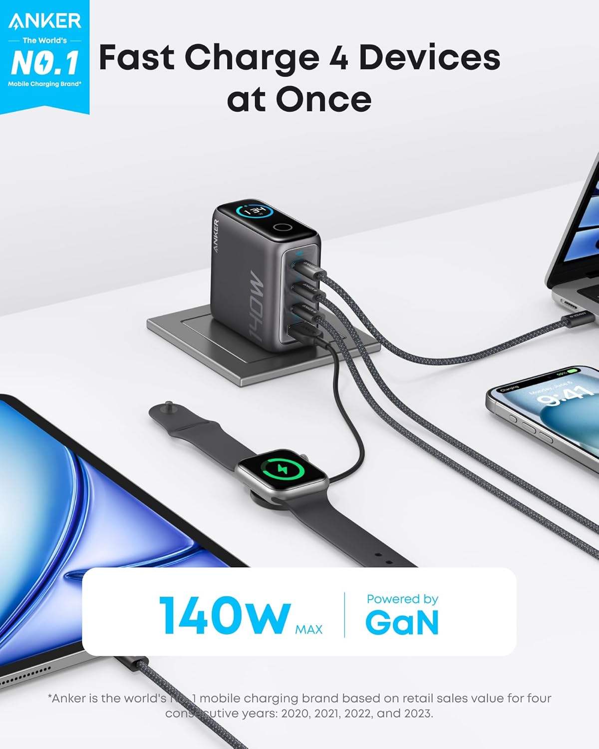 Anker Zolo 140W USB-C Laptop Charger, 4-Port GaN Fast Charging