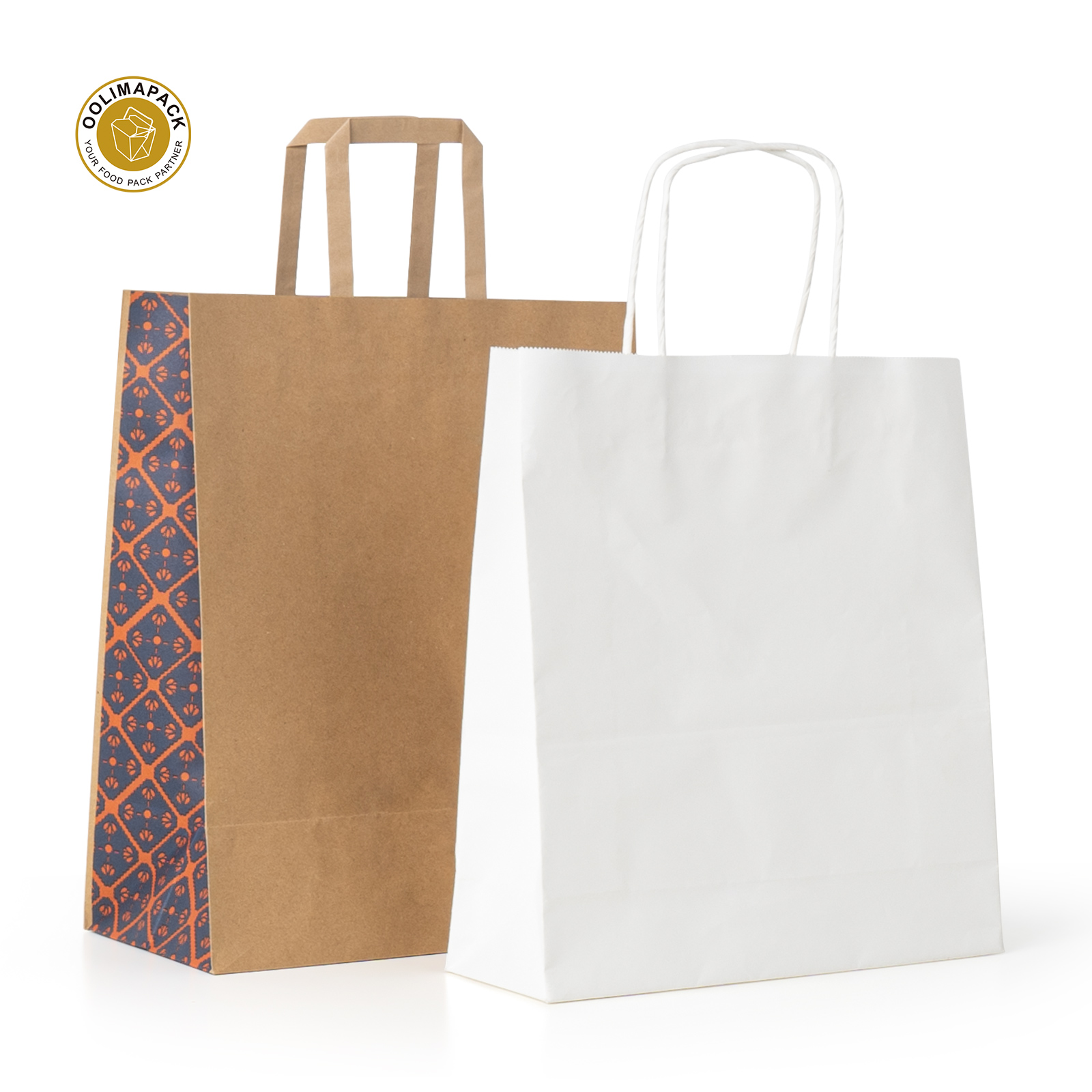 OOLIMA Eco Friendly Flat Handle Restaurant Food Paper Bag/Kraft Paper Bags With Twisted Handles for Gift Bags, Wedding