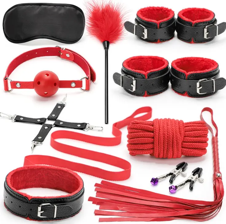 ZZYUP-Juego de Bondage para adultos, ropa de cama Sexy de cuero esclavo, SM fetiche, esposas rojas y negras, ataduras de Bondage