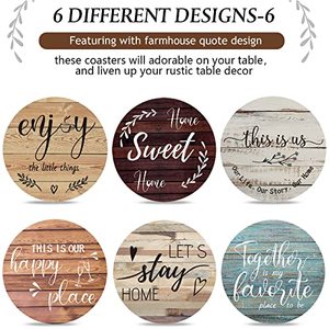 Lot de 6 <span class=keywords><strong>sous</strong></span>-verres en bois style ferme avec support, 4 pouces, décoration amusante pour cuisine, bar à café, table – Cadeau de déménagement - Product Image 4