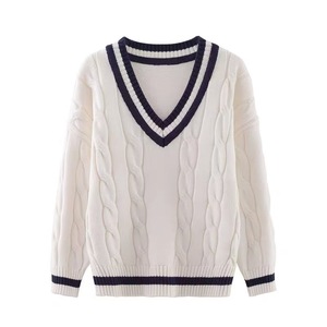 Pull col en V blanc et bleu marine avec badge, en coton tricoté, style scolaire pour filles, sous-vêtement, nouveau design 2025 - Product Image 2