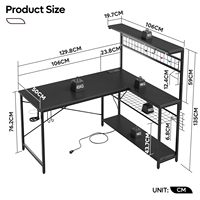 Bureau d'ordinateur en métal moderne SENYU en forme de L avec étagères de rangement, éclairage LED, finition noire durable et écologique, multifonctionnel