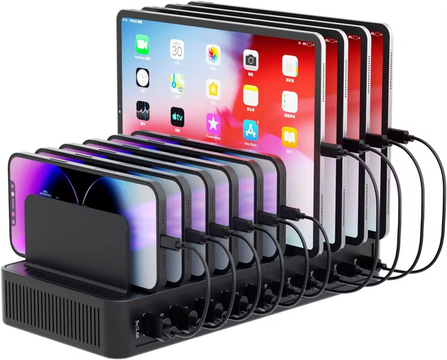 Universal 100W Charging Station 10-Slot Desktop Storage Holder Multi-Port USB Type-C Fast Charging for iPhone iPad Tablet Watch