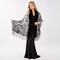Selendang Cetak Paisley Vintage Wanita Kerah Bulu Imitasi Hangat Musim Dingin Boho Cape Ponco Rumbai Multi-Warna Custom OEM ODM Grosir