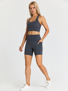 Vente en gros No Camel orteil poche latérale Design Biker Shorts 4 bretelles spaghetti Push up soutien-gorge de <span class=keywords><strong>sport</strong></span> 2 pièces court Gym Fitness Yoga ensemble - Product Image 2