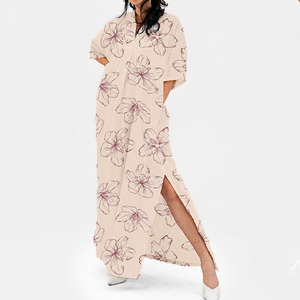 Vestido de Playa Casual Nuevo al por Mayor con Estampado Floral, Cuello en V y Diseño con Abertura, Personalizable, Transpirable, de Algodón y Lino, para Verano - Product Image 4