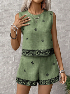 Conjunto de Dos Piezas de Moda para Mujer, Bordado, Verde, Informal, Corto, Tejido de Chifón, Método de Tejido Sólido, para Uso Diario - Product Image 3