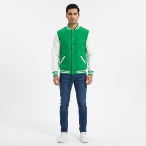 Blouson universitaire pour homme avec logo personnalisé, broderie chenille, col montant, logo frontal, en melton contrastant, style bomber décontracté avec patchs - Product Image 1