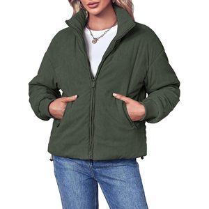 Fisoew Womens Winter Corduroy <b>Puffer</b> <b>Jacket</b> <b>Cropped</b> Quilted Coat Full Sleeve Windproof - Product Image 3