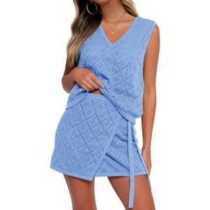 Fisoew Womens 2 Piece Crochet Cover Up Sleeveless V Neck Tank Top Wrap <b>Skirt</b> Set Beach Vacation Outfit <b>Elastic</b> Waist - Product Image 1