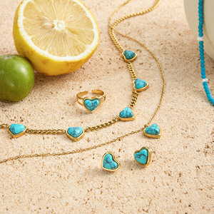 ชุดเครื่องประดับเทอร์ควอยซ์รูปหัวใจสำหรับผู้หญิง ตัวเรือนสแตนเลสสตีล ประดับเพชรแบบฝัง สำหรับงานปาร์ตี้ เครื่องประดับแฟชั่น - Product Image 4