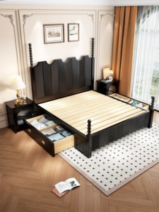 Vintage Black Solid Wood King Size Bed Frame, American Retro Queen Bed with Vertical Texture & Carved Details, Luxury Bedroom - Product Image 5