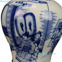 Vase Gu (Beaker) RZHM13-A de style chinoiserie antique, bleu et blanc, avec scène narrative chinoise