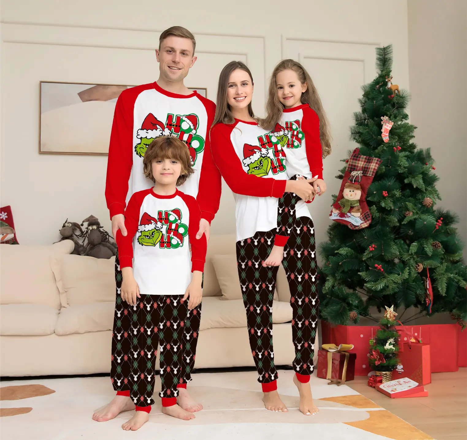 Conjuntos de pijamas de Navidad para padres e hijos, monster, elfo, blanco, rojo, a juego