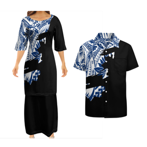 A basso prezzo all'ingrosso disegno polinesiano personalizzato coppie di <span class=keywords><strong>abbigliamento</strong></span> due pezzi set Samoan Puletasi abito abbinato camicie da uomo Aloha - Product Image 6