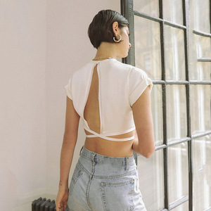 Cropped Top Women Pink Satin Short Sleeve Backless <b>Tie</b> Front Solid Color T Shirt - Product Image 4