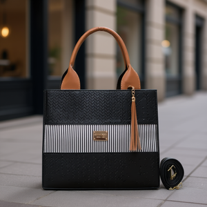 Fana <b>Women's</b> Black Striped Handbag Genuine <b>Leather</b> Zip Closure Tassel Elegant Daily Use - Product Image 2