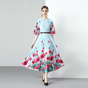 Boutique 2024 colección de otoño nuevo vestido bohemio de moda cuello impreso arte falda grande cien pliegues decoración fruncida - Product Image 3