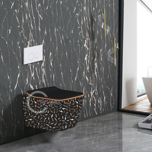 Inodoro de lujo redondo de porcelana dorado y negro con sifón en P, inodoro suspendido con descarga por arrastre - Product Image 1