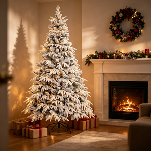 Árbol de Navidad Artificial de Abeto Preiluminado de PVC+PE con Nieve Artificial, Luces LED Blancas Cálidas, Soporte Metálico Plegable - Product Image 1