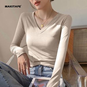 Camiseta de Manga Larga con Cuello en V de Algodón Puro para Mujer CW260, Nueva Camiseta de Otoño, Ajustada, Corta, de Punto, Interior, Dulce, Talla Grande - Product Image 1