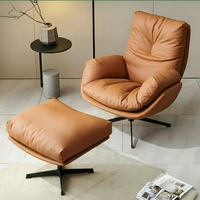 Fauteuil pivotant de salon en cuir brun de luxe moderne, fauteuil simple à dossier haut avec pouf