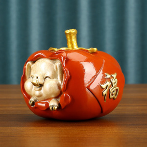Copper Pig In Persimmon Ornament <b>Desk</b> Decoration Feng Shui Gift For Office Home Birthday - Product Image 2