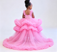Robe de soirée sans manches en tulle rose avec appliques florales à sequins, traîne haute, volants moelleux, pour concours de beauté, anniversaire, mariage, robe de princesse pour fille
