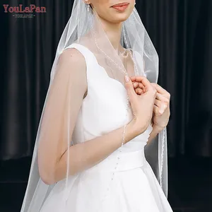 优拉潘V189定制适合新娘面纱手工缝制水晶珠边缘多尺寸面纱单层象牙婚礼派对面纱