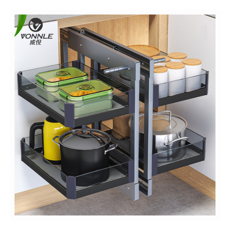 Kitchen Universal Magic Corner for Kitchen Cabinet Blind Corner Swing Tray Pull Out Cabinet Magic Corner Glass Grey Basket
