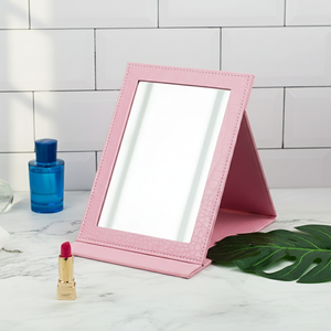 Miroir de maquillage de bureau pliable portable, design personnalisé, finition argentée, fonction grossissante, cadre en verre carré compact - Product Image 1