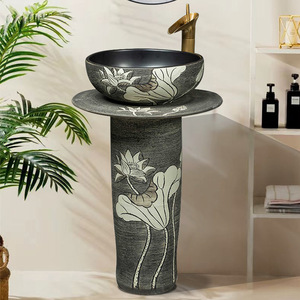 Lavabo de <span class=keywords><strong>Pedestal</strong></span> Redondo de Cerámica de Estilo Chino <span class=keywords><strong>con</strong></span> Soporte para Grifo de un Solo Orificio para Uso en Exteriores, Balcón o Patio - Product Image 4