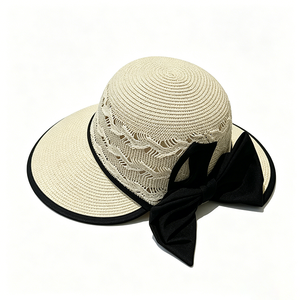 Women's Floppy Curved Brim <b>Straw</b> Sun <b>Hat</b> with Bow, Hollow Woven Summer Beach <b>Hat</b>, UPF50+ Anti-UV Travel Cap Outdoor Daily Wear - Product Image 4