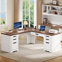 Bureau d'angle vintage blanc et noyer en forme de L avec tiroir à dossiers A4 et plateau relevable, bureau d'ordinateur d'angle robuste avec multiprise intégrée pour la maison.