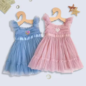 2023 Summer Smocking Sequin Heart Applique Tutu Kids Toddler Dresses With Ruffles Shoulders