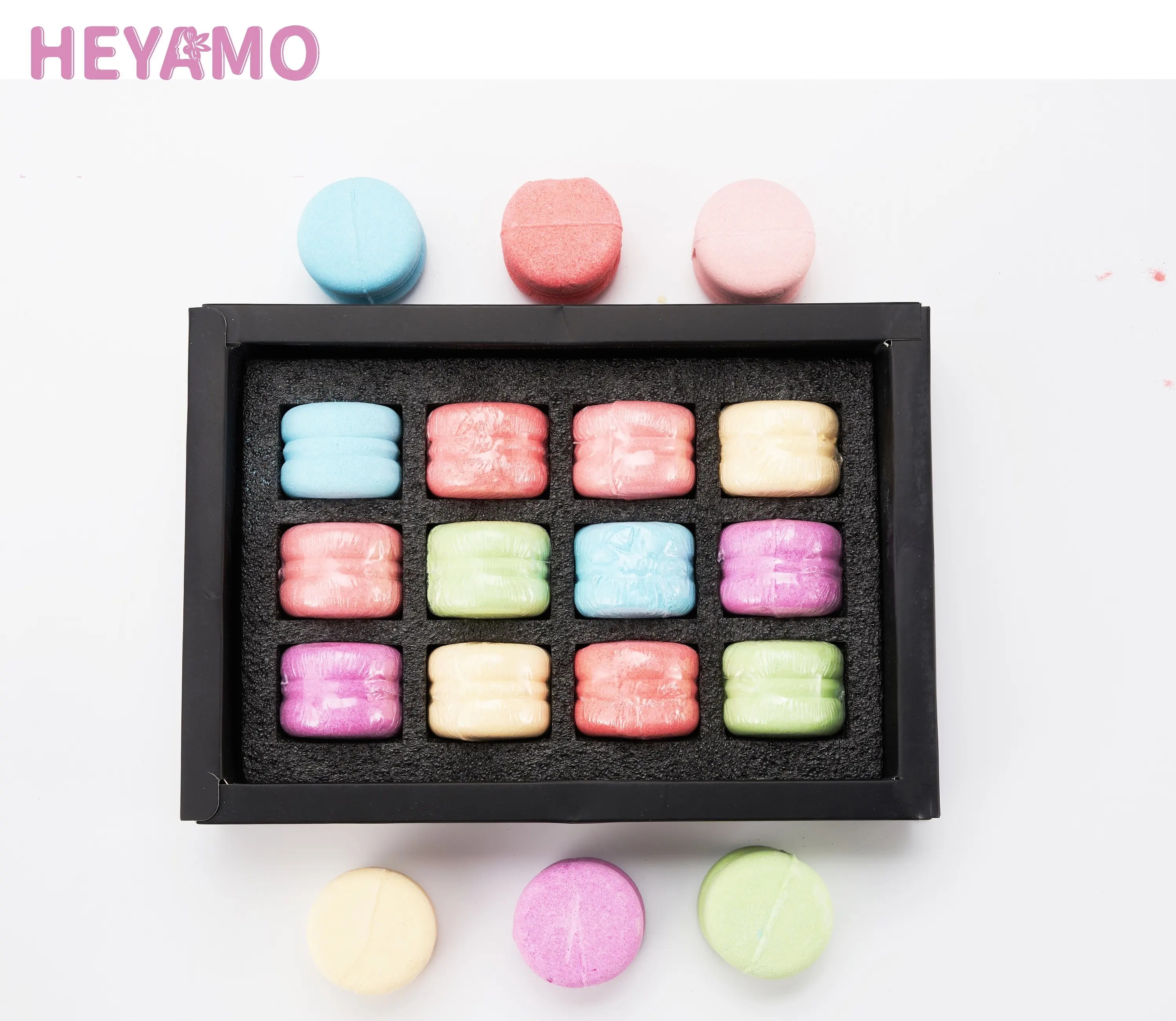 HEYAMO ฉลากน้ำมันหอมระเหย Macaron Bathbombs 12ชิ้น,ฉลากน้ำมันหอมระเหยส่วนผสมจากธรรมชาติ100% เกลืออาบน้ำบอมบ์สปาของขวัญที่กำหนดเอง MSDS