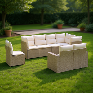 Ensemble de canapés de jardin en rotin PE beige, 8 pièces, meubles d'extérieur, structure en acier, résistant aux intempéries, design contemporain - Product Image 2
