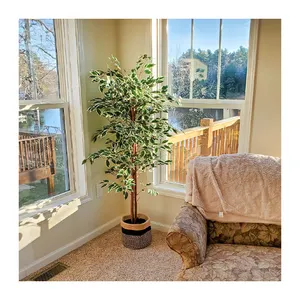 PZ-7-6 Custom Size Natural Looking Silk Banyan Leaves Faux Plant with Natural Trunk Artificial Ficus Potted Tree for Home Decor